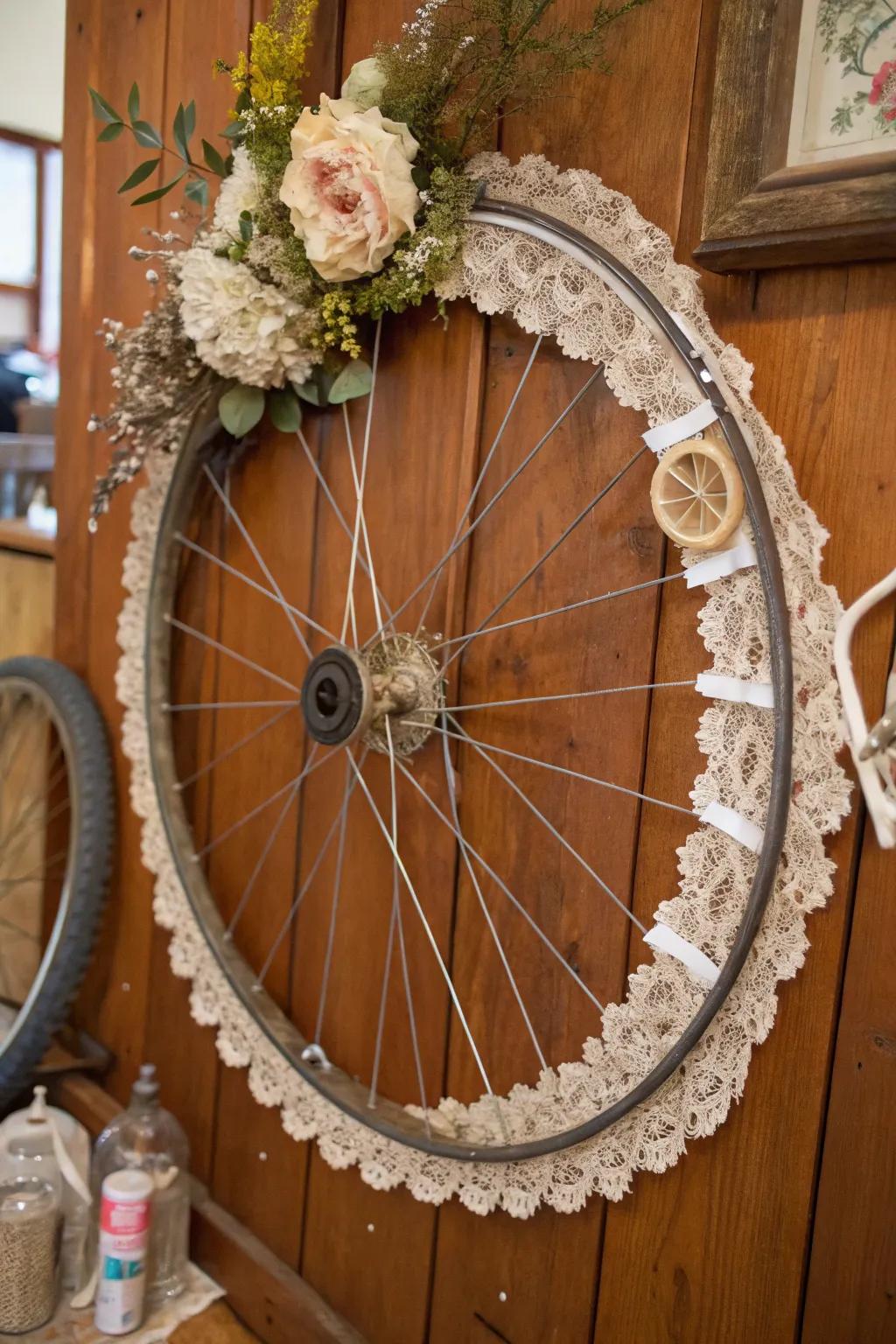 A timeless bicycle wreath featuring lace and trinkets for a nostalgic appeal.