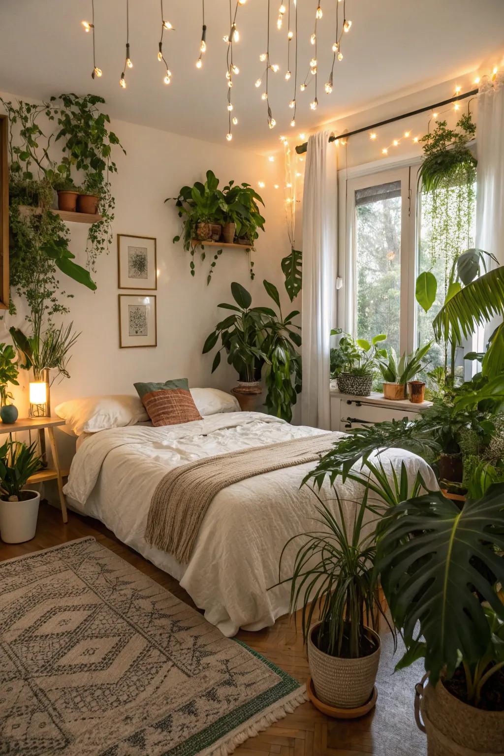 A spacious bedroom enhanced with lush plants for a natural touch.