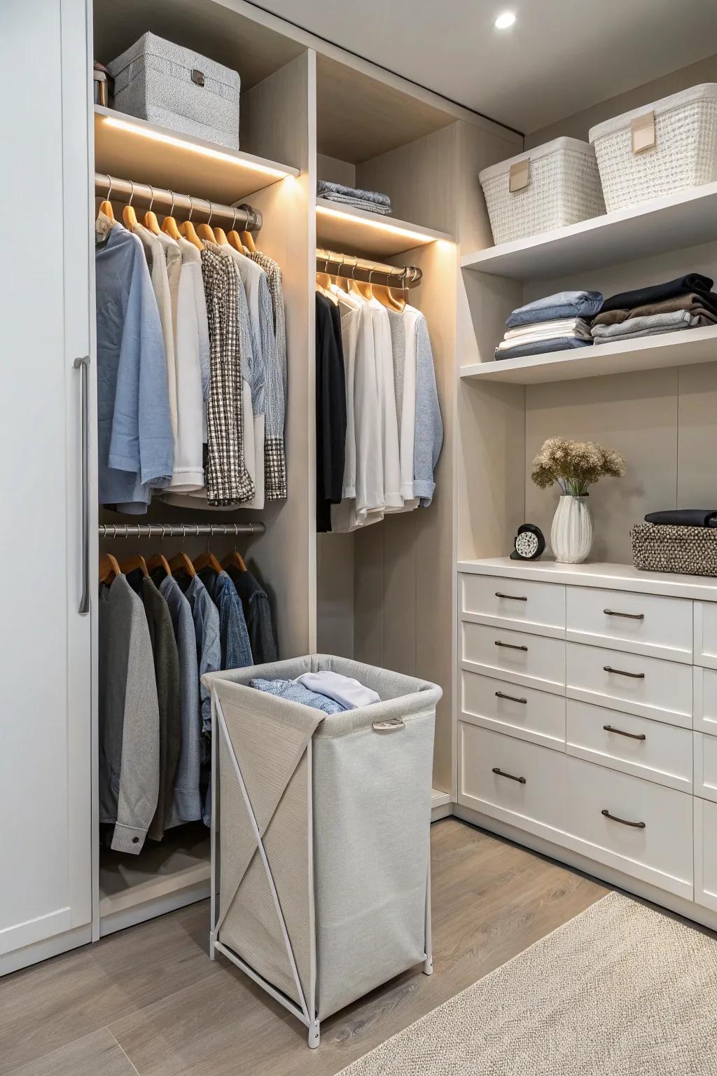 A closet featuring a hidden laundry hamper integrated into the design.