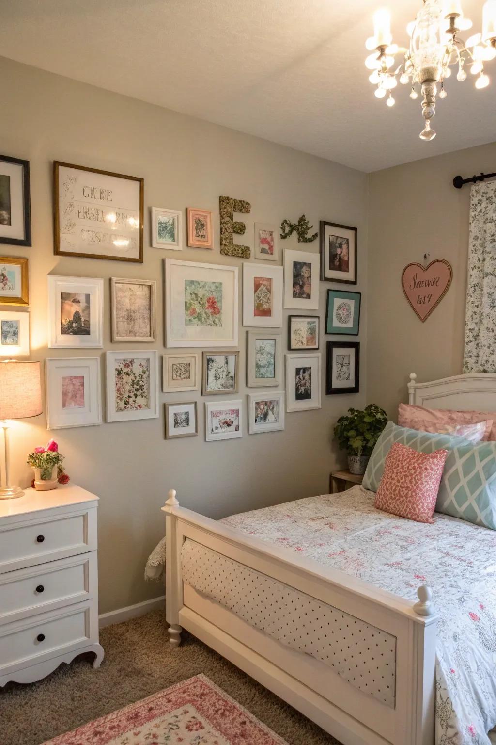 An art display that narrates her personal tale through artwork and snapshots.