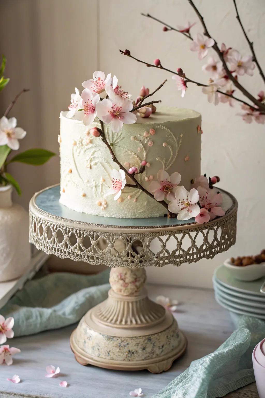 Retro vibes infuse an ageless beauty into this cherry blossom cake.