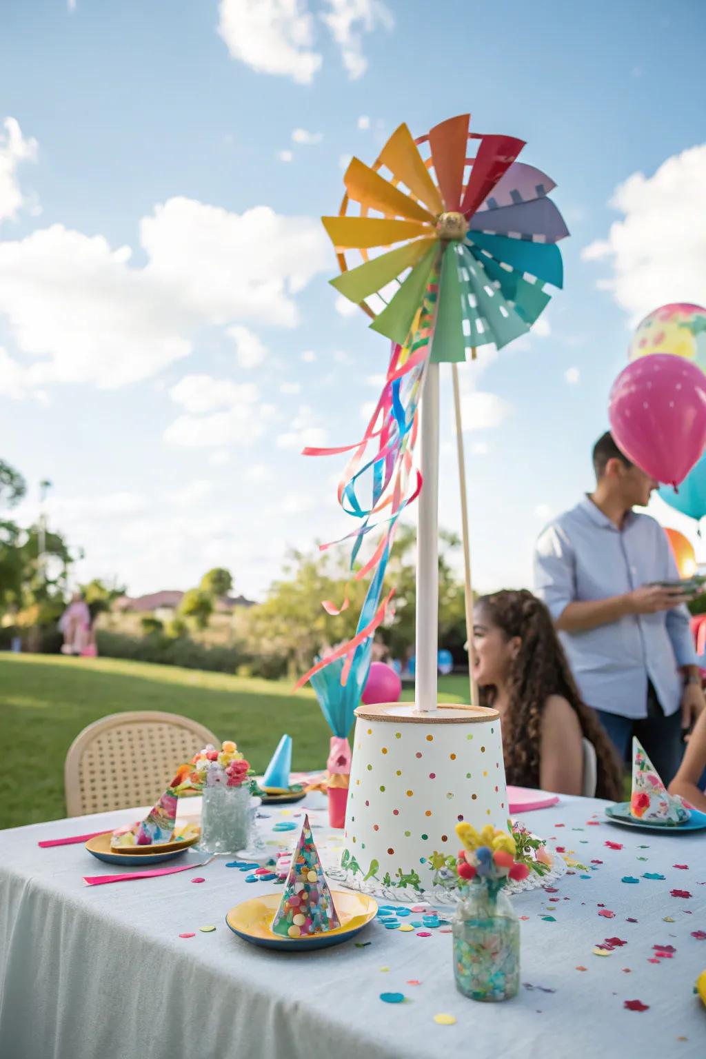 Playful air spinners impart a whimsical flair to any party setting.