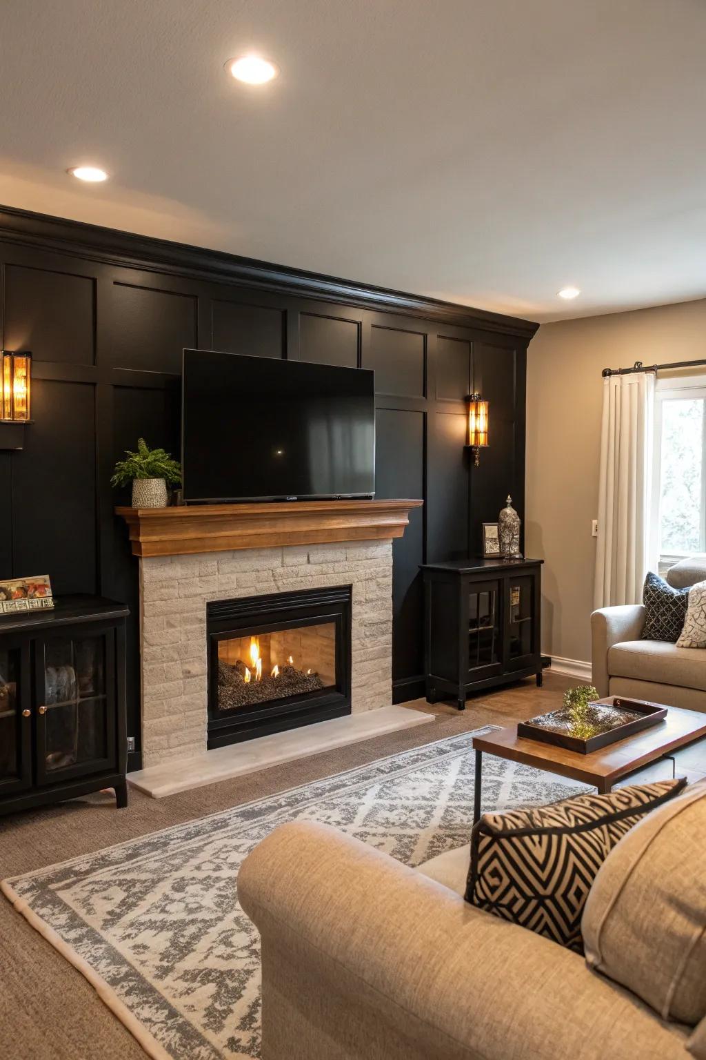 A fireplace enriches warmth and opulence to a dark accent wall.