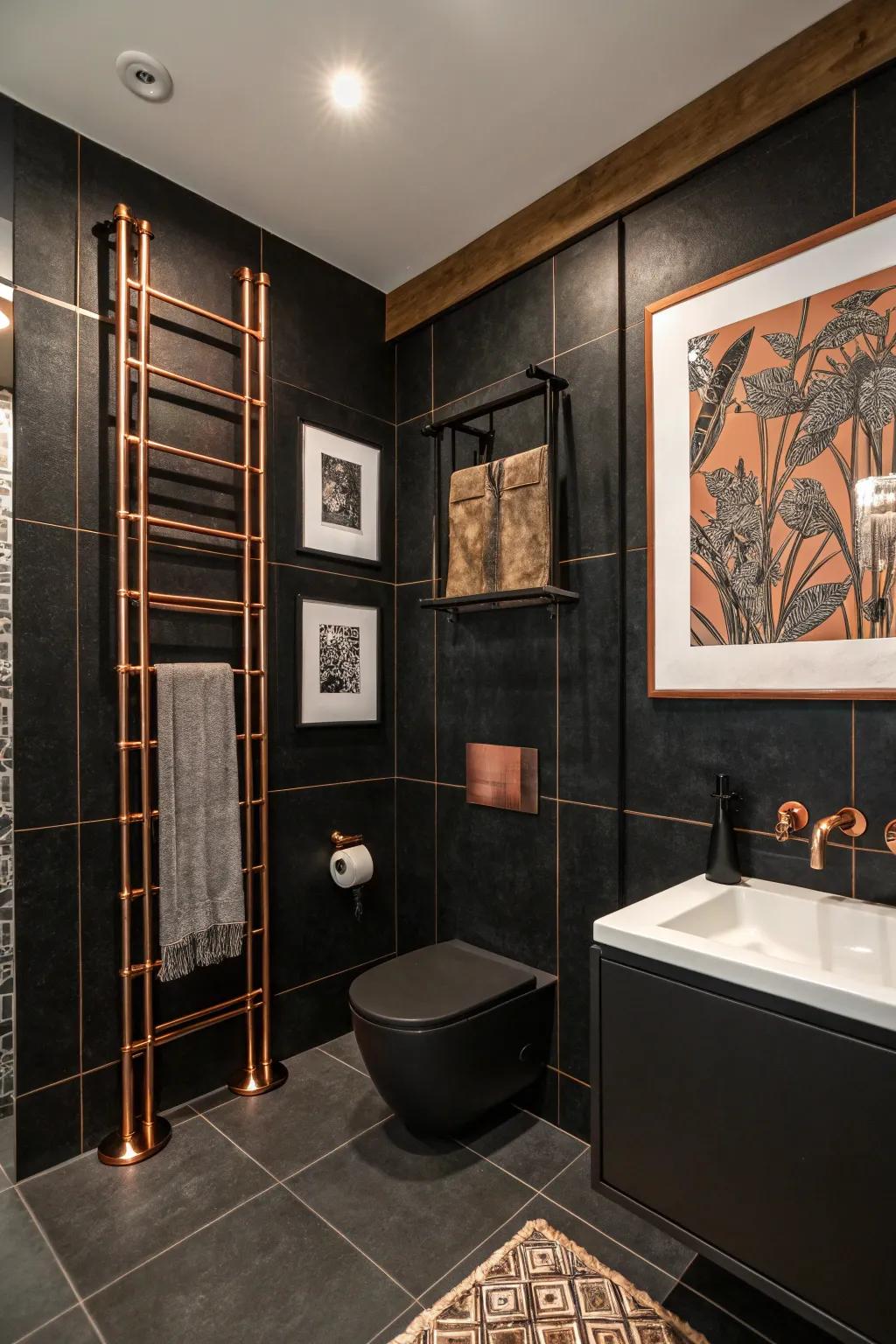 Copper-encased artwork enhances the bathroom's aesthetic.