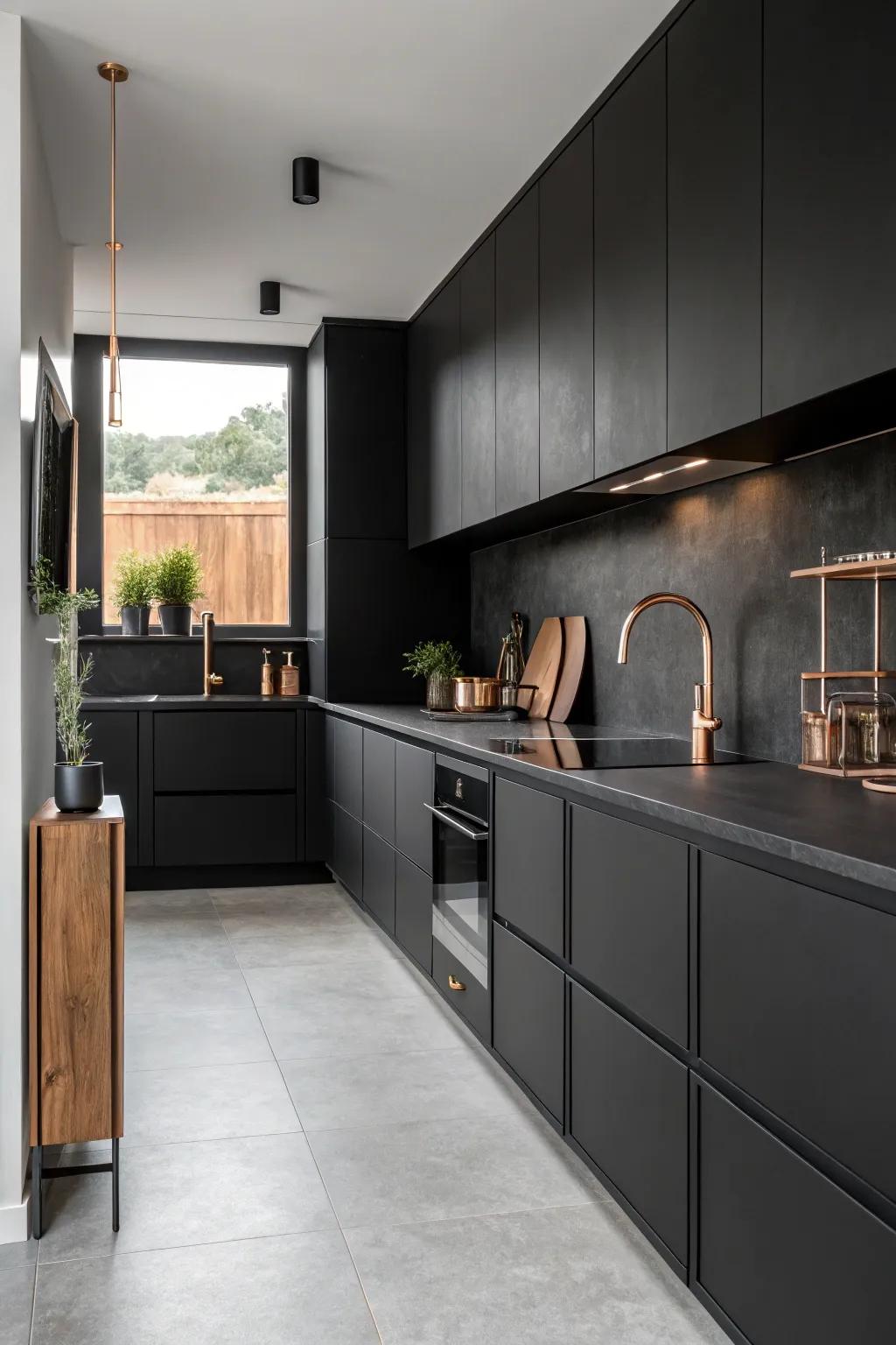 Minimalist layout with bronze accents creates a sleek, contemporary kitchen.