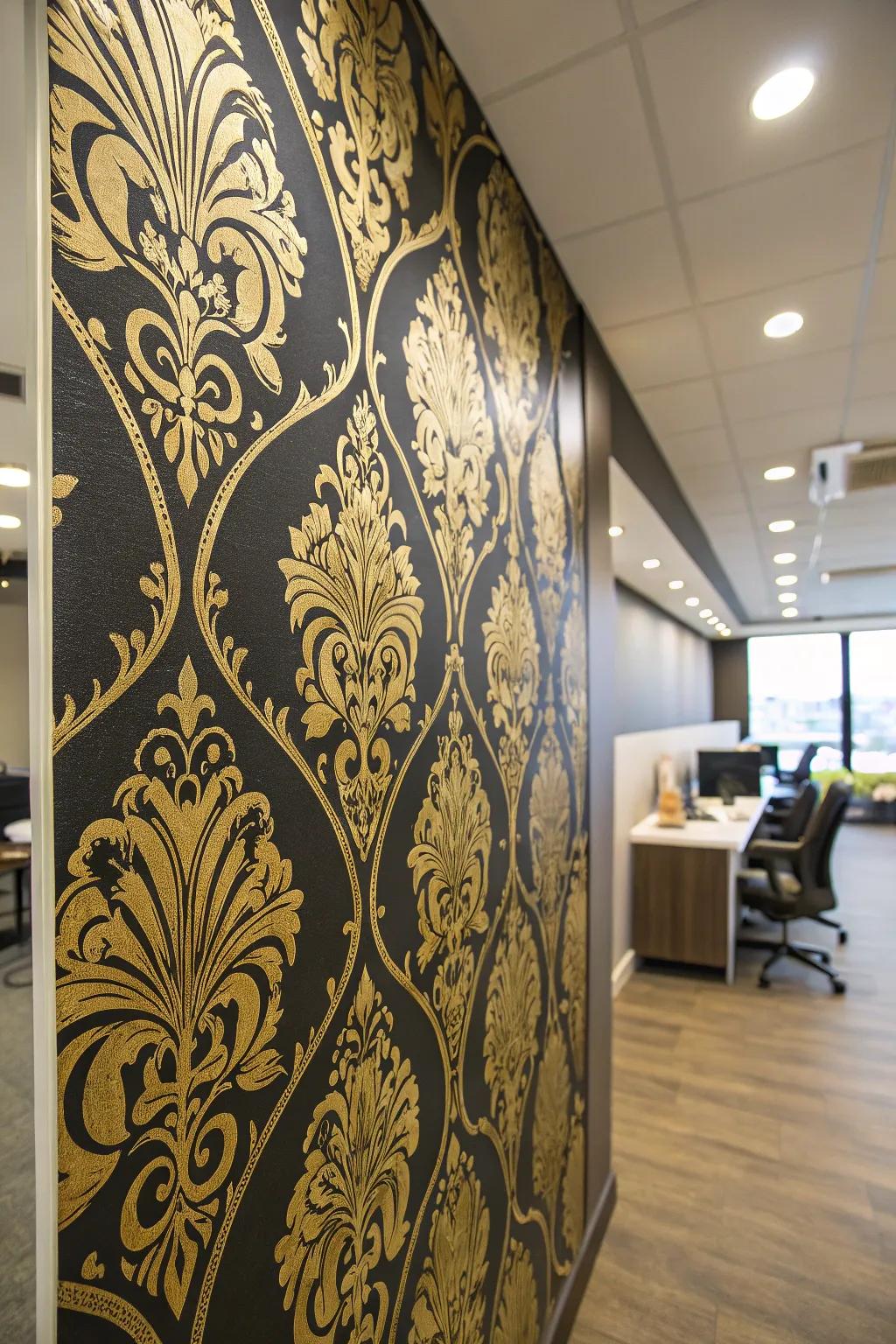 Dark and gilded wall coverings make a striking statement in your office.