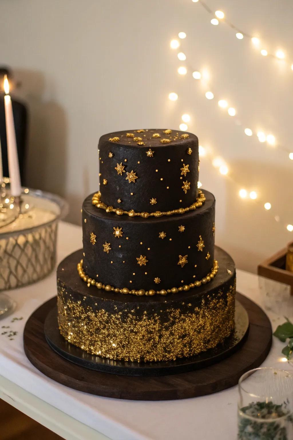Gilded shines add a glamorous sparkle to this wedding cake.