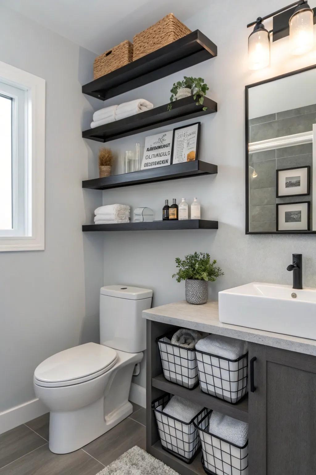 A bathroom showcasing hanging boards that blend design with functionality.