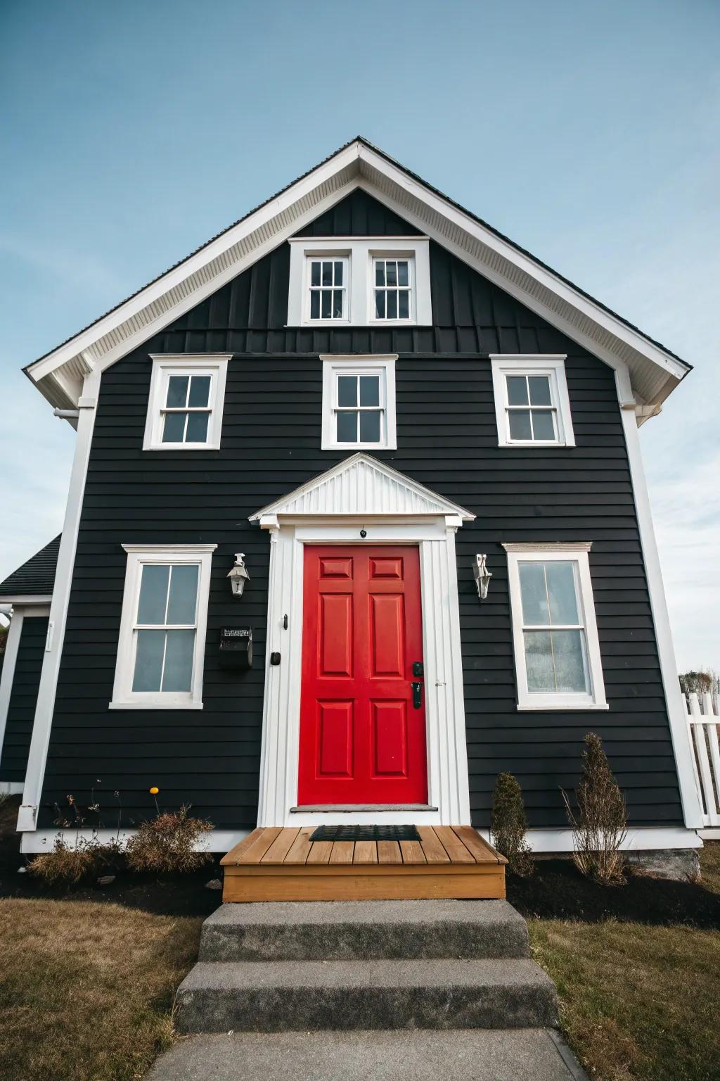 A striking front entry adds a noticeable contrast to this exterior.