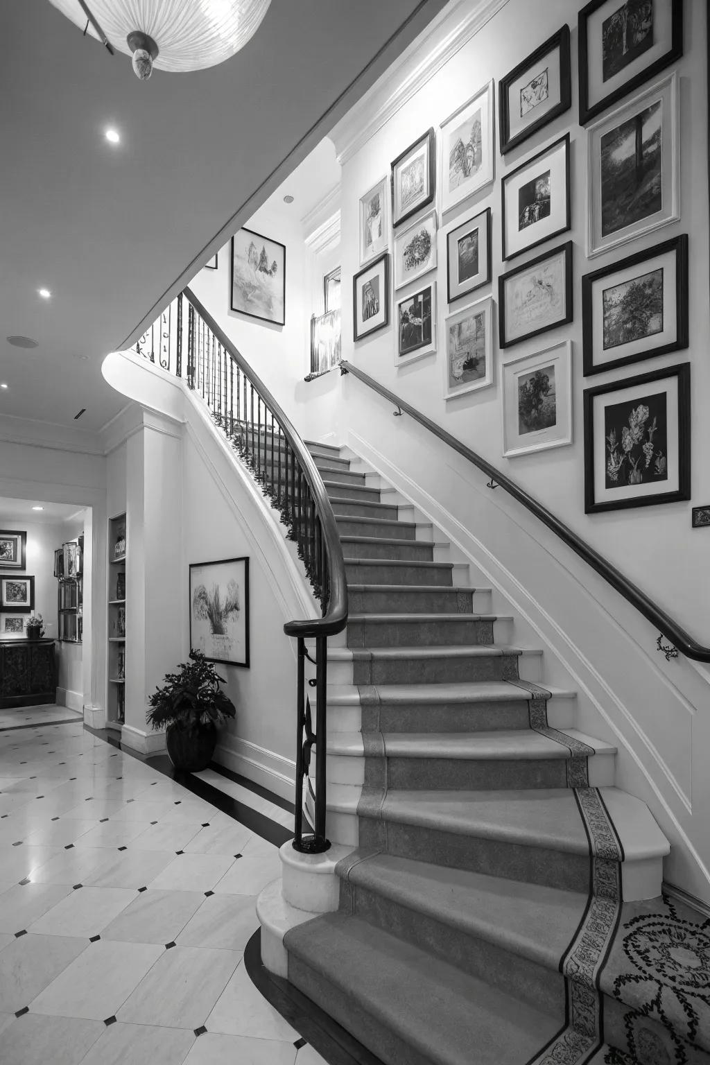 A noir and blanc staircase serves as the perfect setting for an art gallery wall.