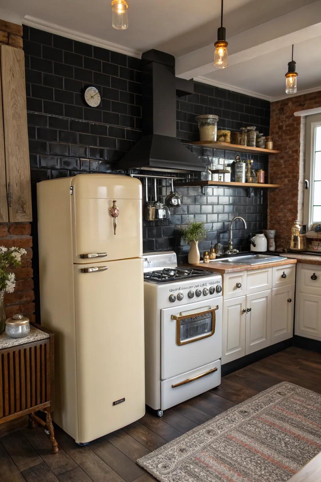 In this vintage-inspired kitchen, the ebony backsplash adds a modern twist.