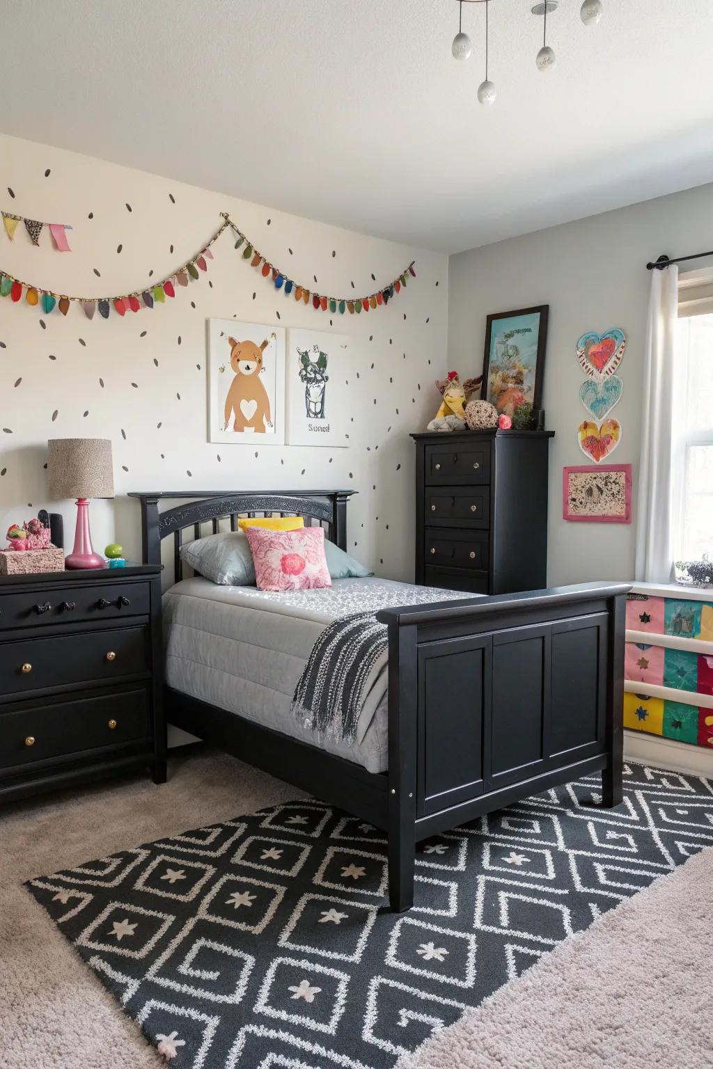 Cheerful decor elements introduce a lighthearted touch to this dark-themed bedroom.