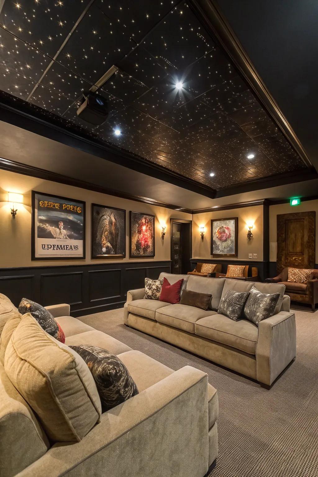 A movie like space where a dark overhead enhances the movie experience.