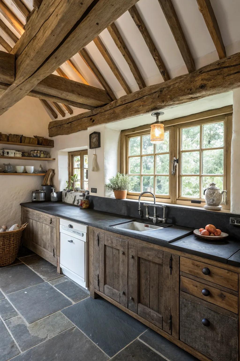 Slate countertops provide a rustic touch.