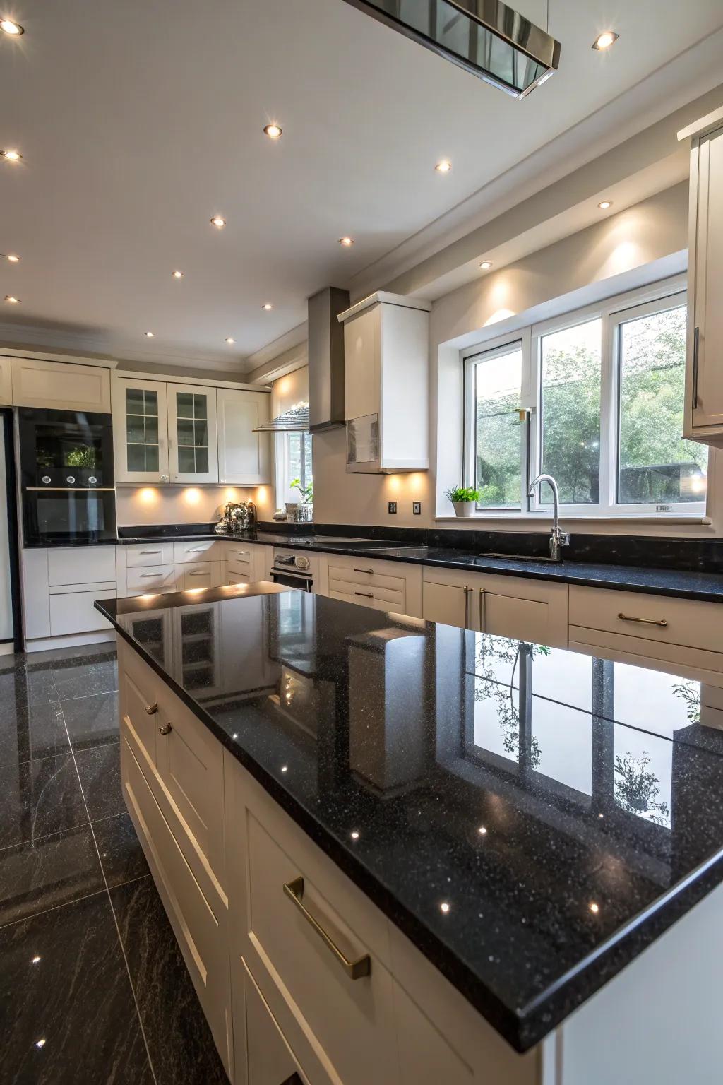 Reflective surfaces brighten up ebony worktops.