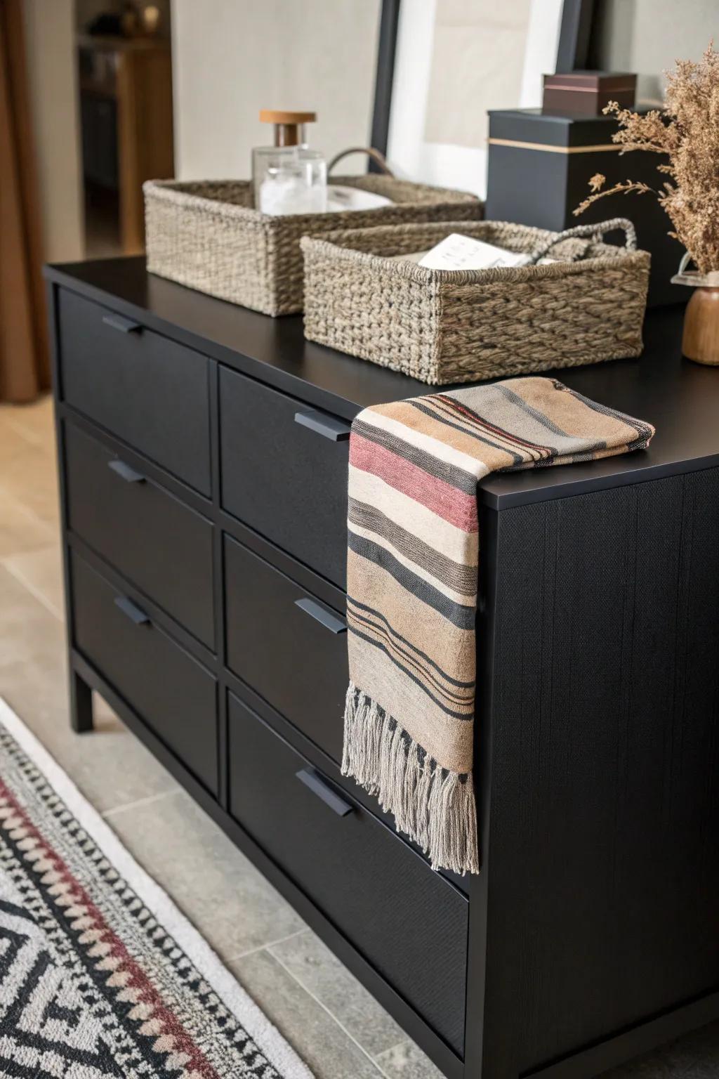 A dark wood dresser adorned with rich textures for visual interest.
