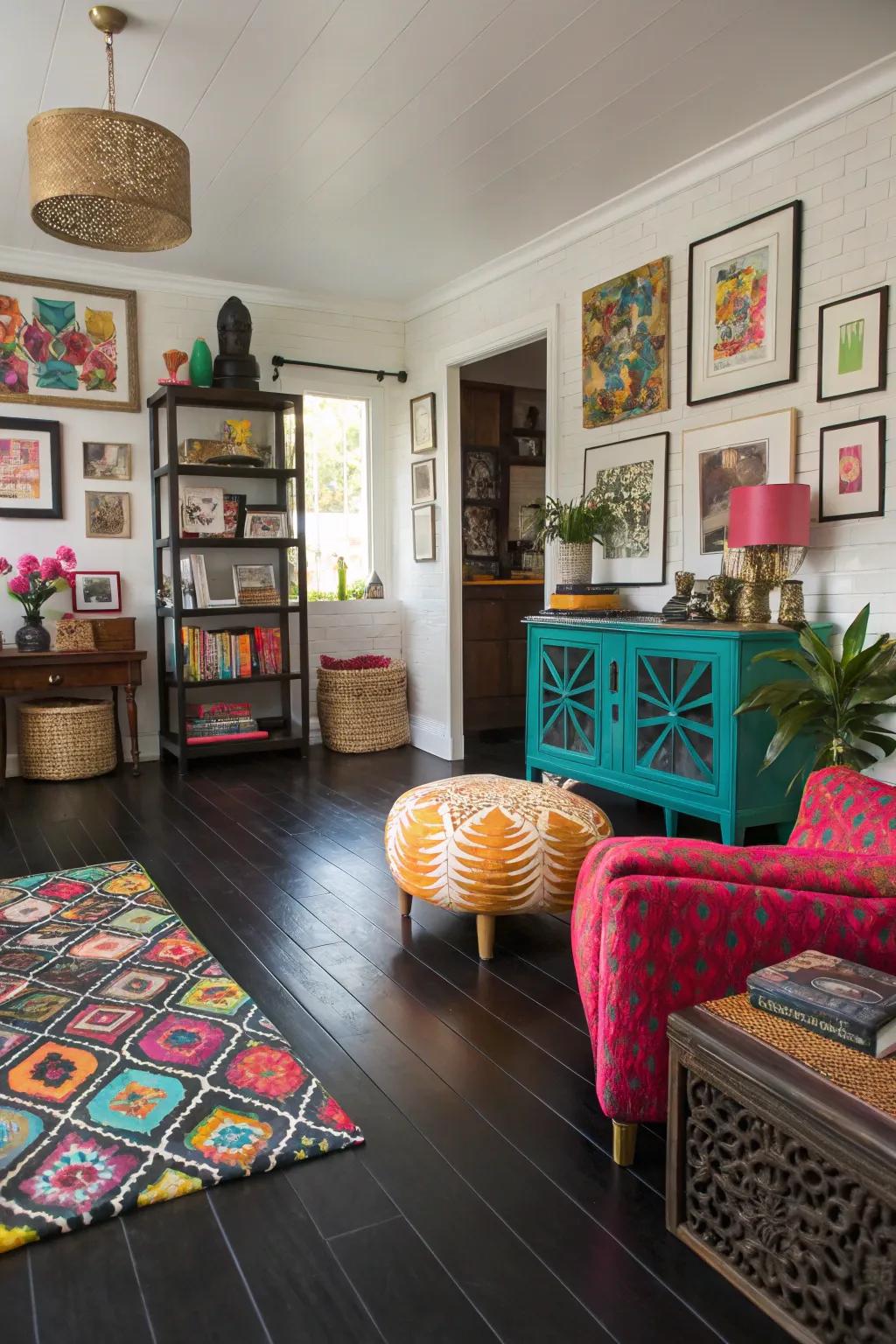 Eclectic design grounded by dark hardwood floor.
