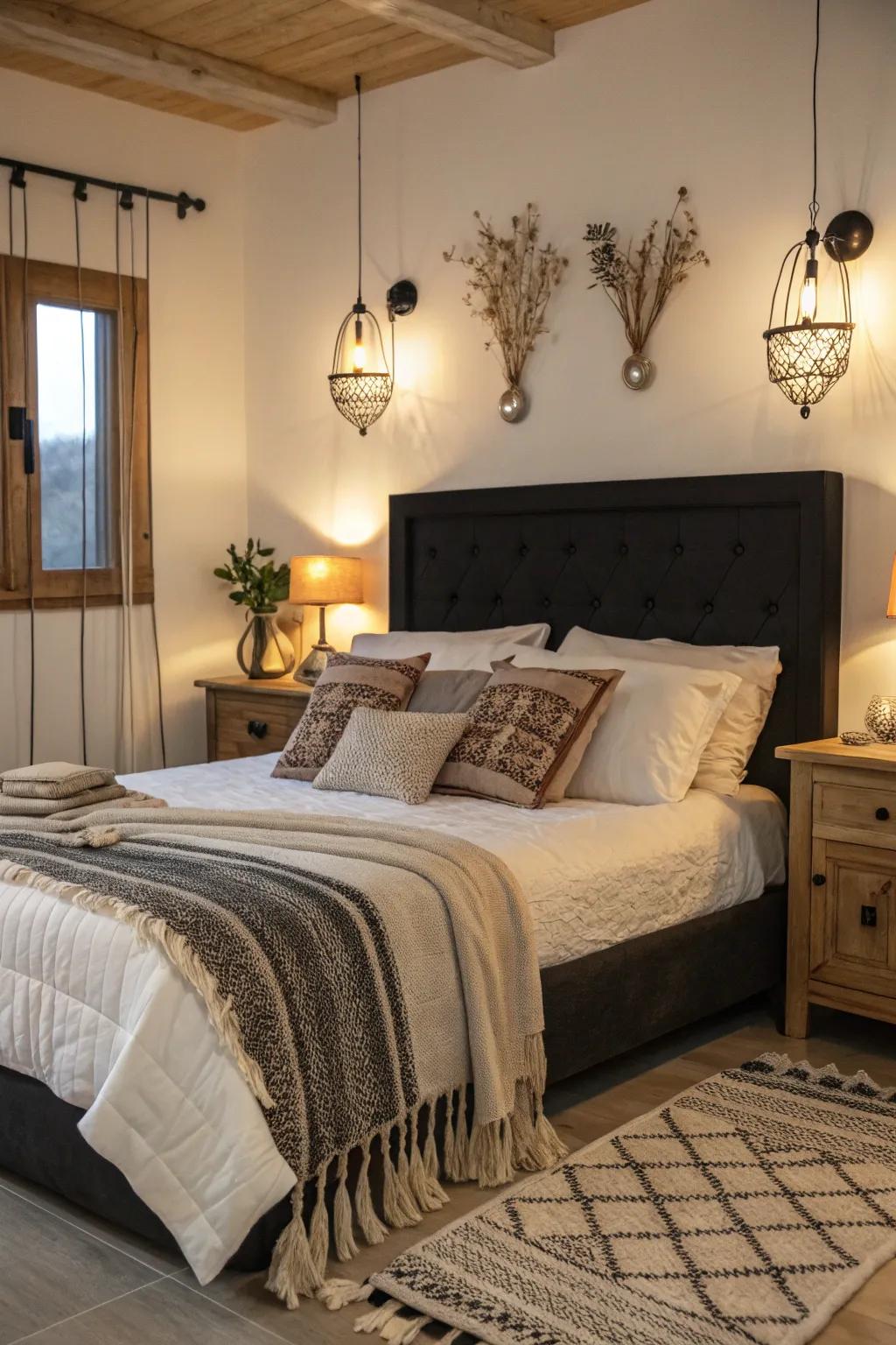 Inviting bedroom featuring deluxe bedding and a dark-toned headboard