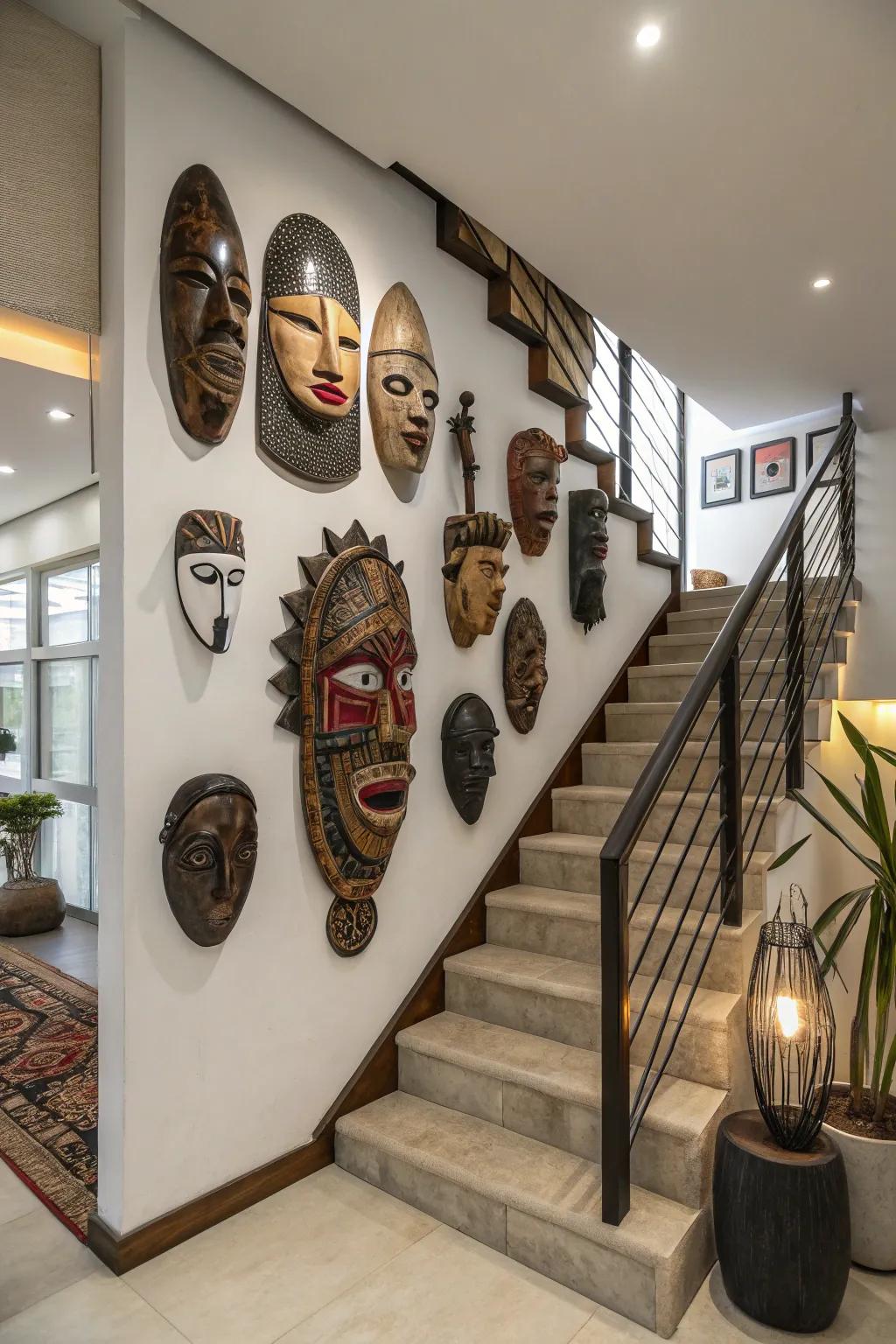 Walls are transformed into cultural displays by collections of African masks.