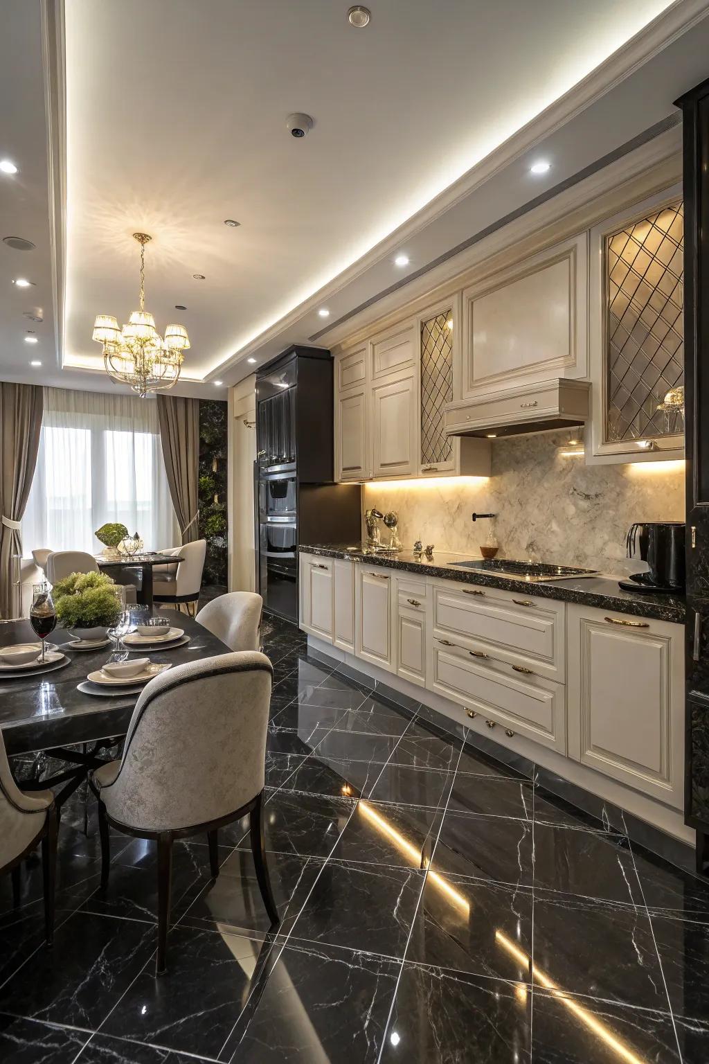 A kitchen exuding luxury using ebony marble floor tiles.