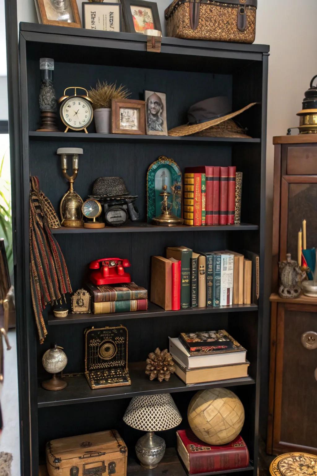 A varied assortment of decor pieces establishing a customized display upon a dark-colored shelf.