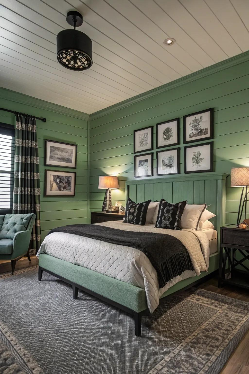 Verdant shiplap walls offering texture and warmth.