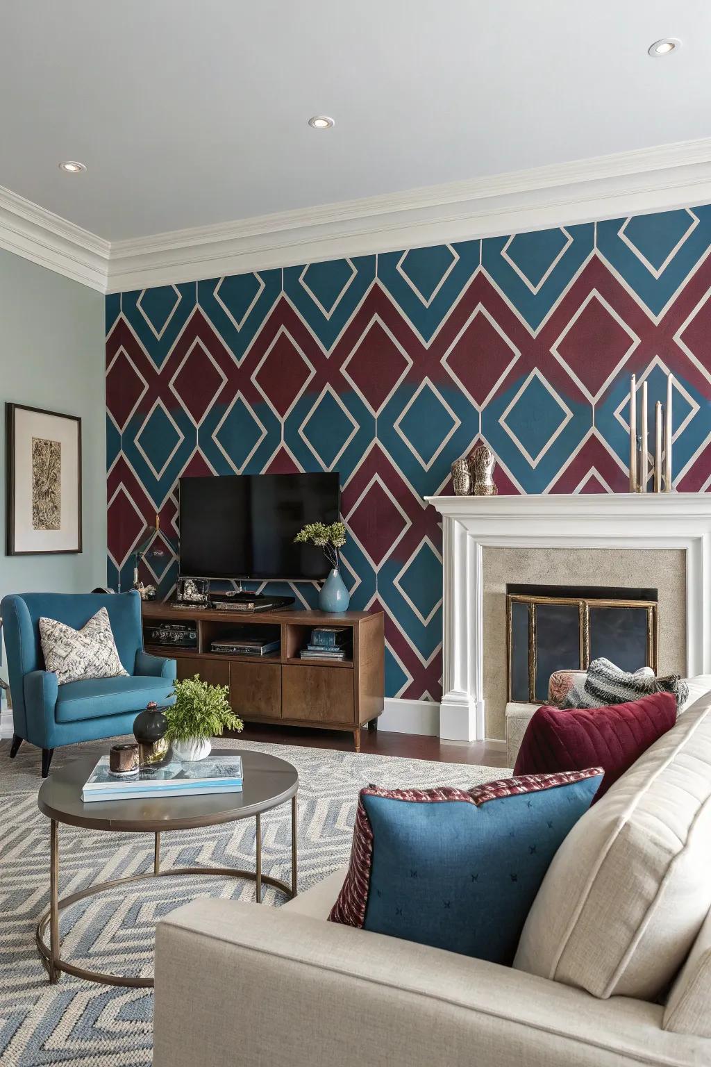 A showcase wall in azure and wine tones transforms into a striking centerpiece.
