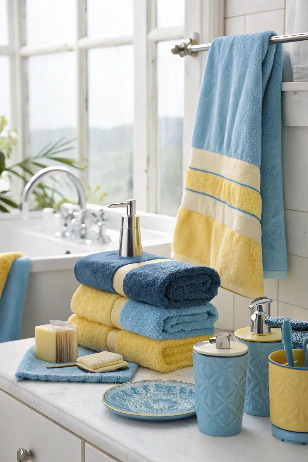 A bathing area enhanced with azure and gold cloths for a spa-like ambiance.