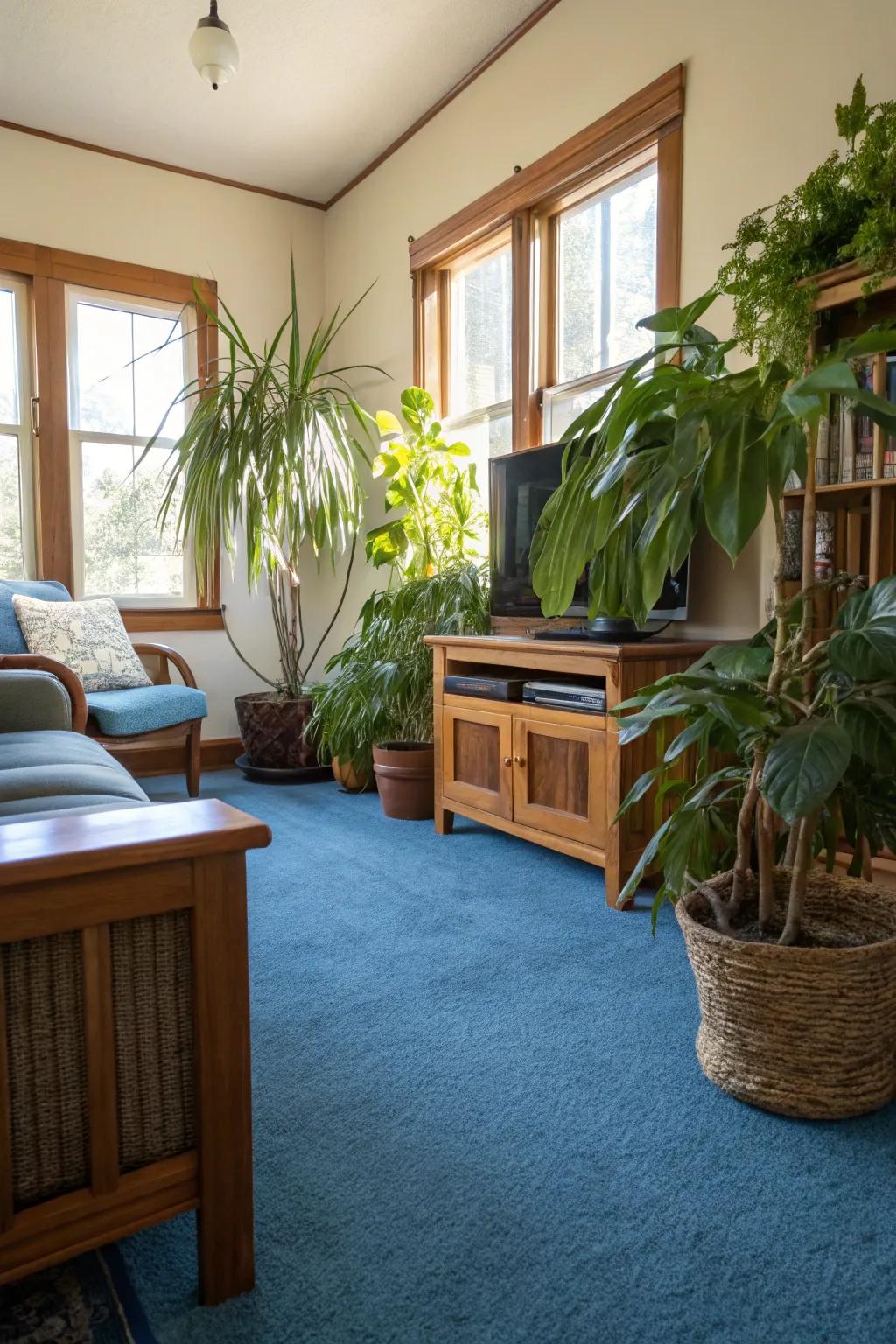 Indoor plants add vibrancy and comparison to a lounge with blue carpet.