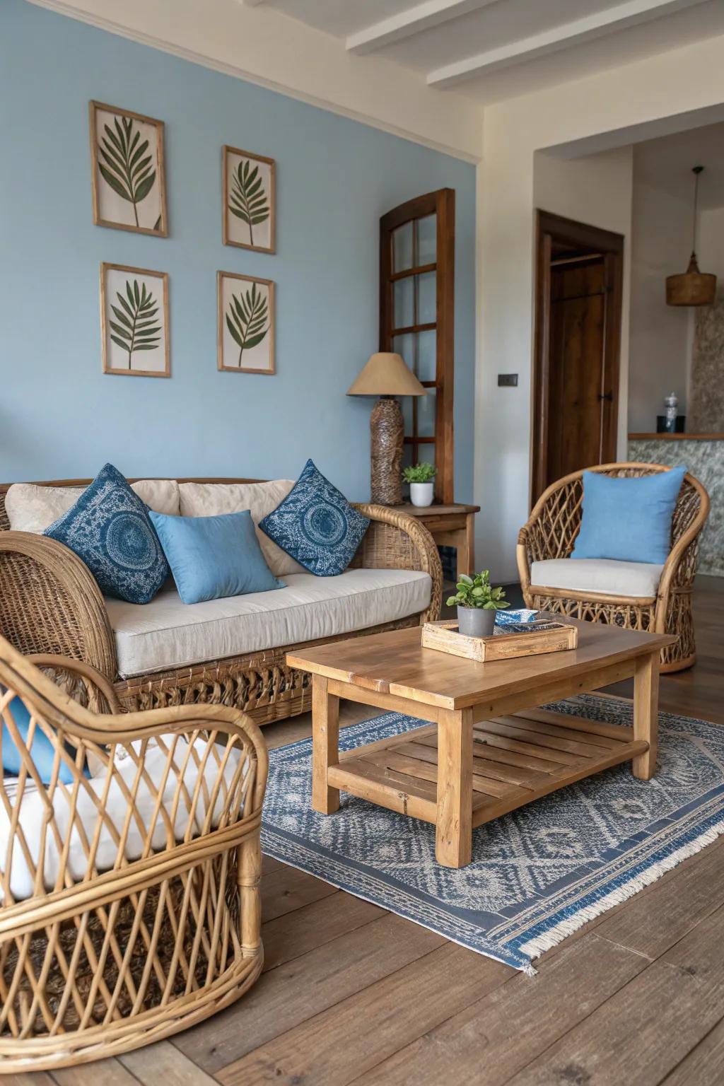 A harmonious blend of blue decor and organic textures.