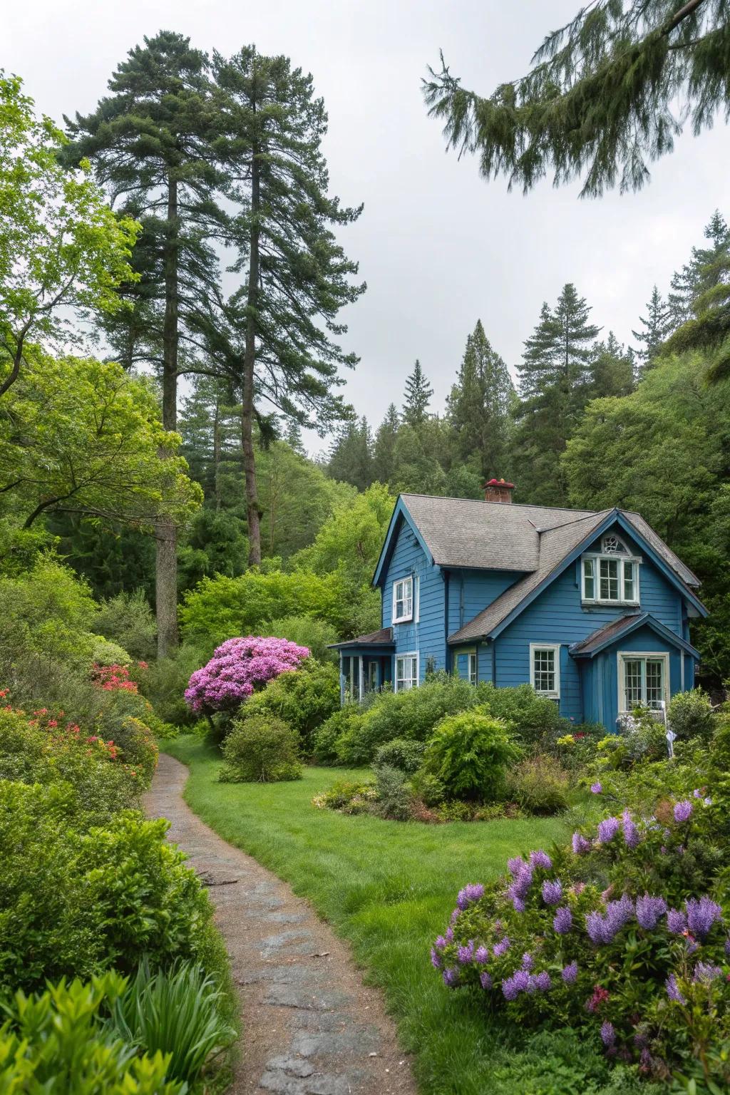 Greenery offers a vibrant contrast to blue exteriors.