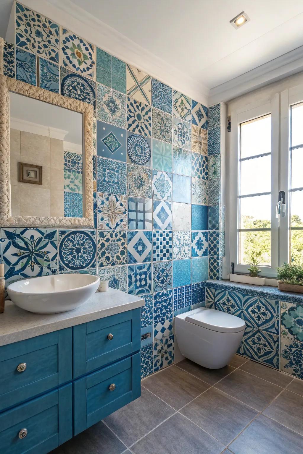 Your bathroom will have a unique and customized design thanks to a varied blend of azure ceramic.
