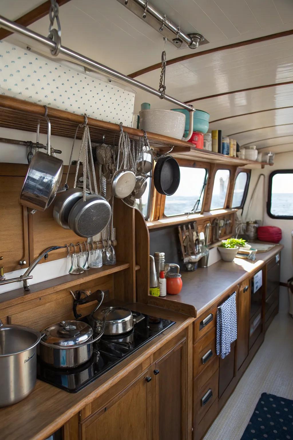 Suspended shelving inside a boat's galley.