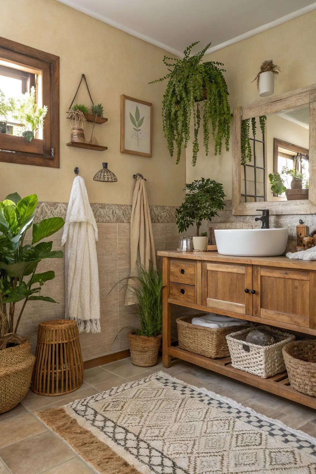 A serene boho bathroom with a natural color scheme.
