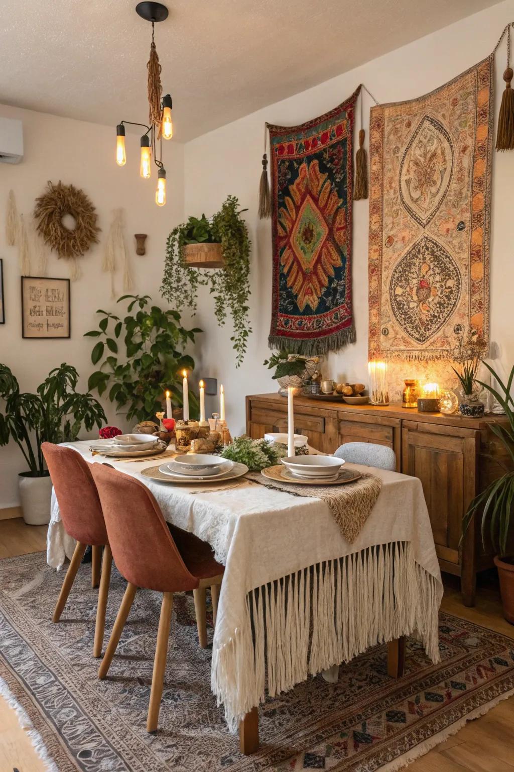Fringe accents contributing playfulness to a boho dining space.