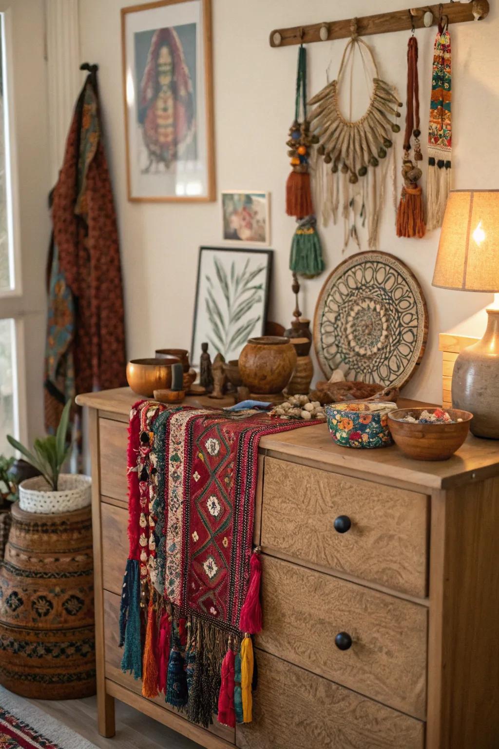Cultural artifacts impart a worldly vibe to this boho dresser.