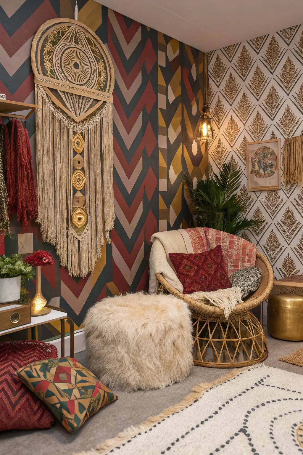 Assertive wallpaper appends dramatization and flair to the boho glam design.