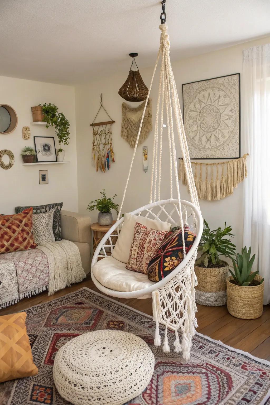 A suspended chair invites whimsical relaxation.