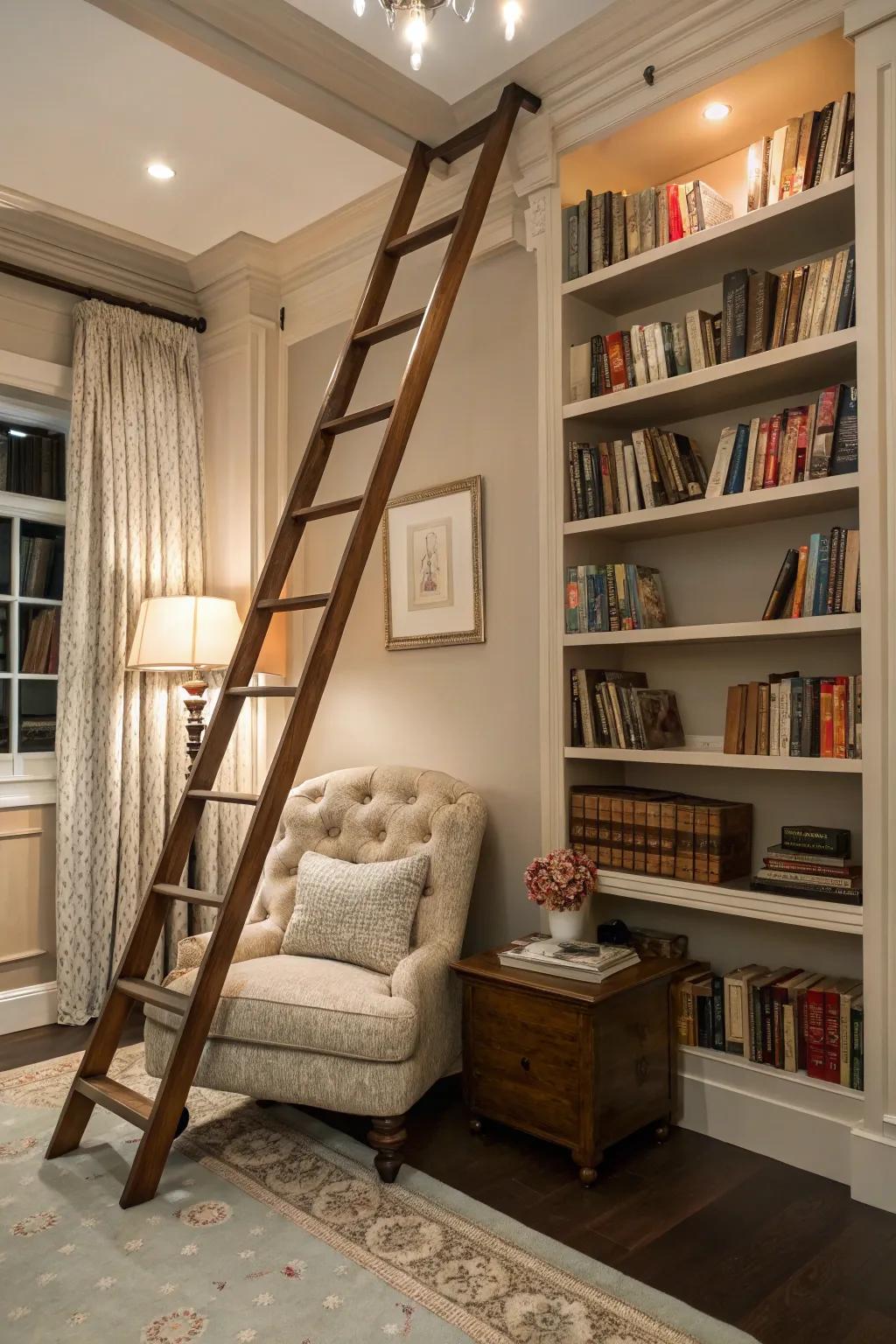 A book nook featuring a library stairway, delivering a sophisticated and handy touch.