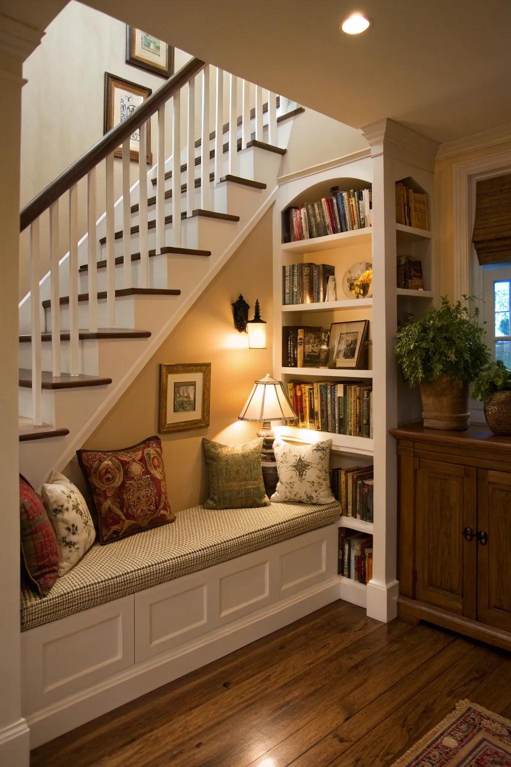 A cozy reading nook is nestled away under the stairs.