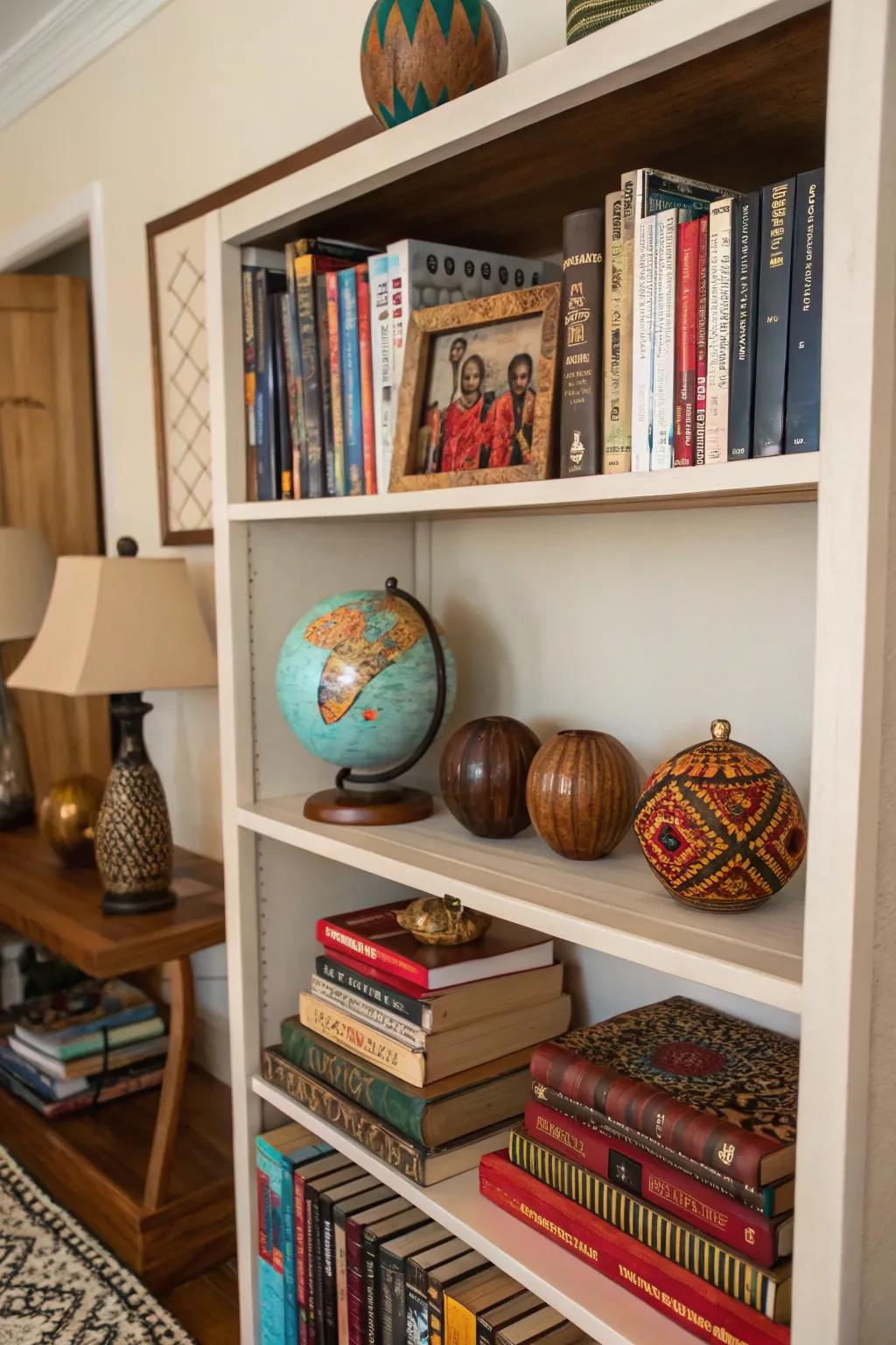A shelf that narrates stories of journeys and highlights worldwide treasures.