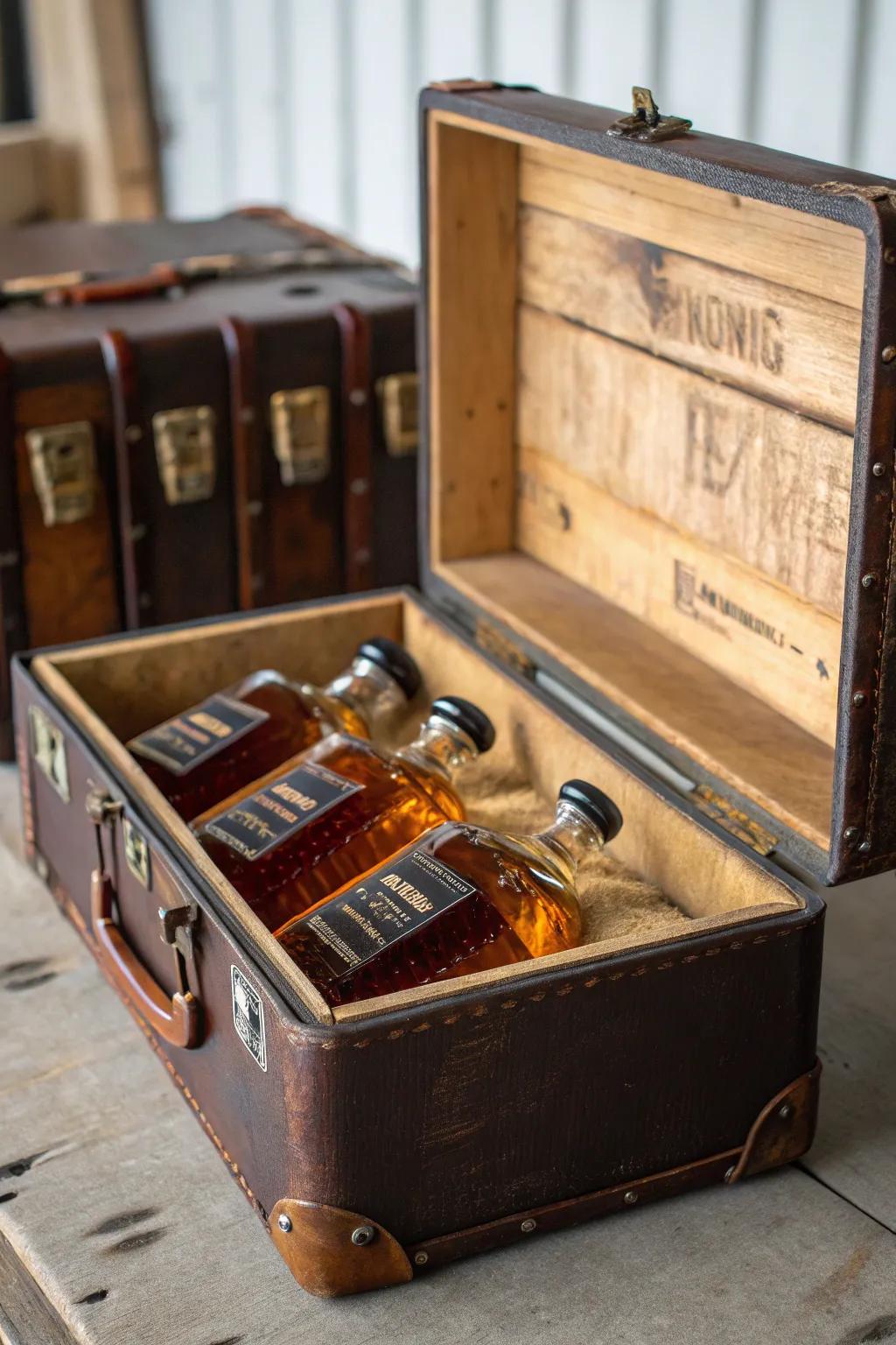 A vintage travel case appends an unconventional nuance to your bourbon display.