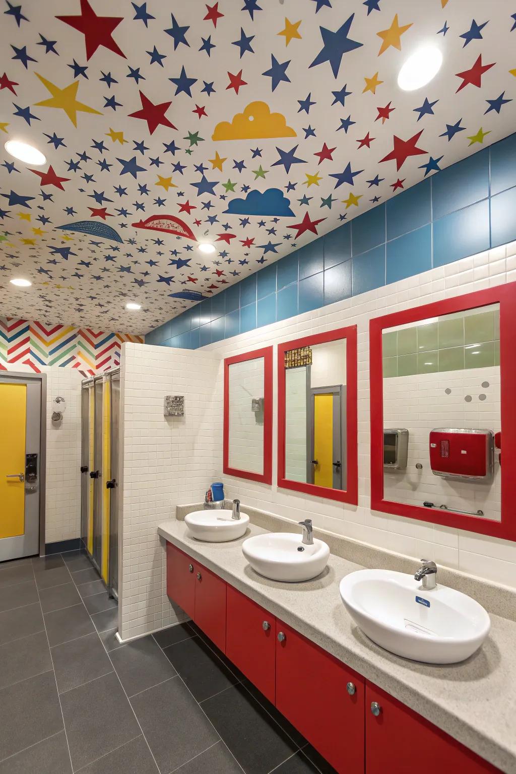 A whimsical overhead design adds surprise to a boys' bathroom.