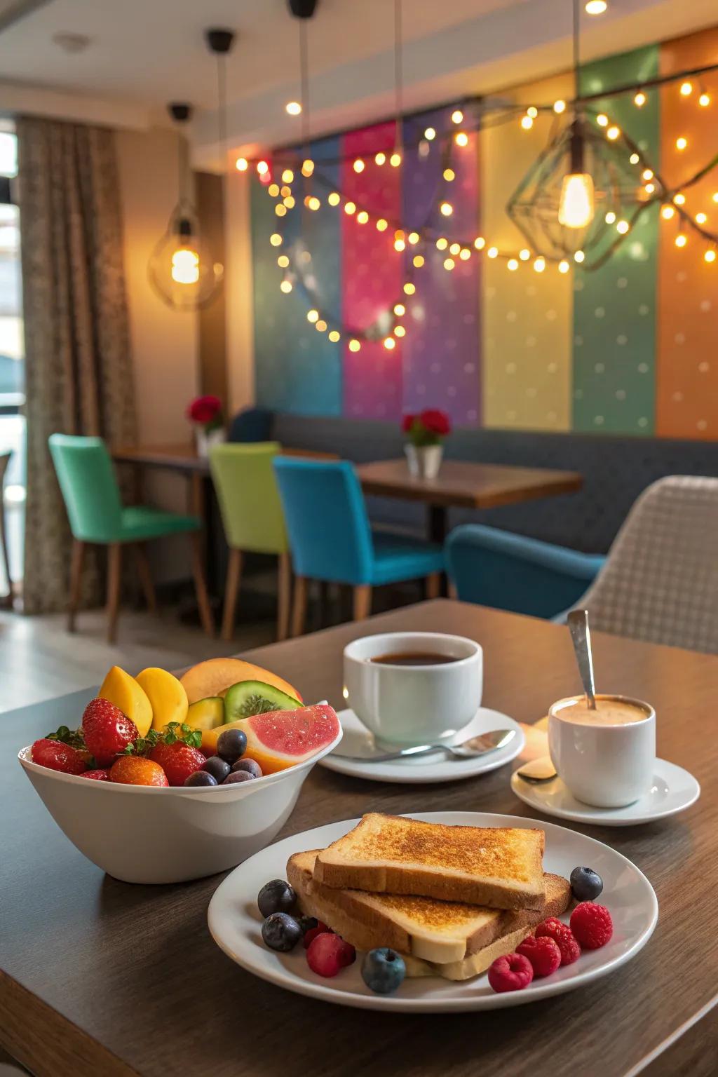 Vibrant accent lights infusing vibrancy into a breakfast area.