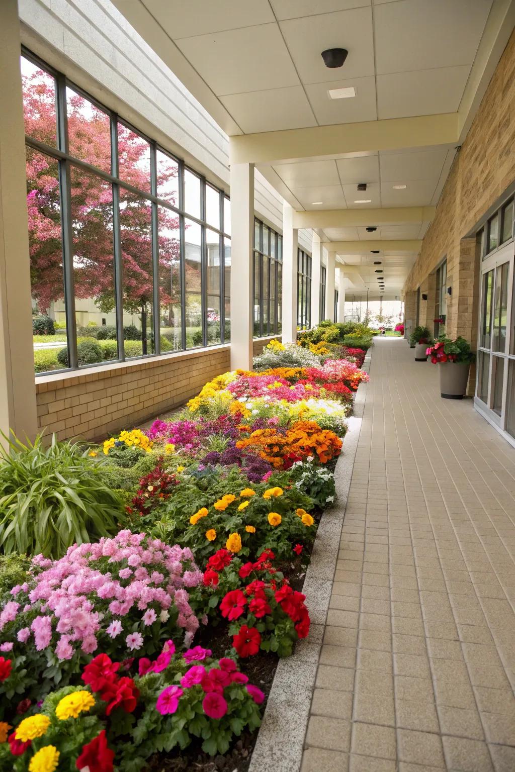 A seasonal flower bed adding vibrant color to the breezeway.