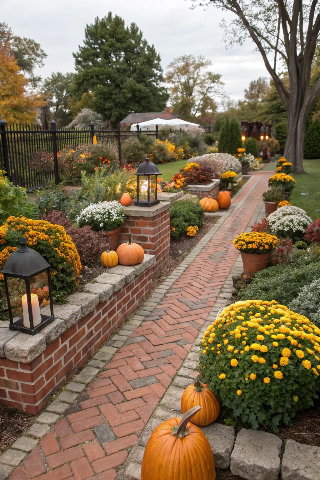 Seasonal decorations enrich brick flower beds.