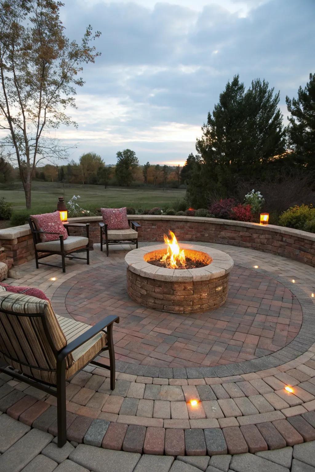 A circular blockwork area encompassing a bonfire pit invites warmth and social gatherings.