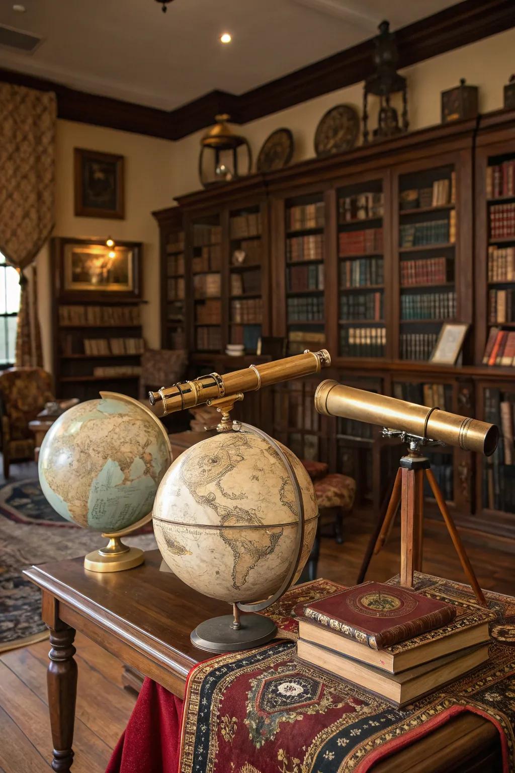 Globes and spyglasses impart intellectual refinement.