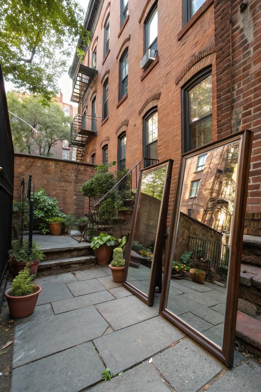 Mirrors in the backyard make it seem deeper and more open.