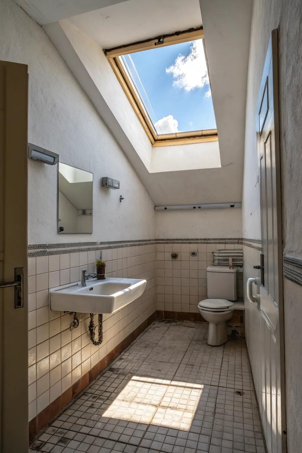 A skylight brightens this small bathroom with natural light.